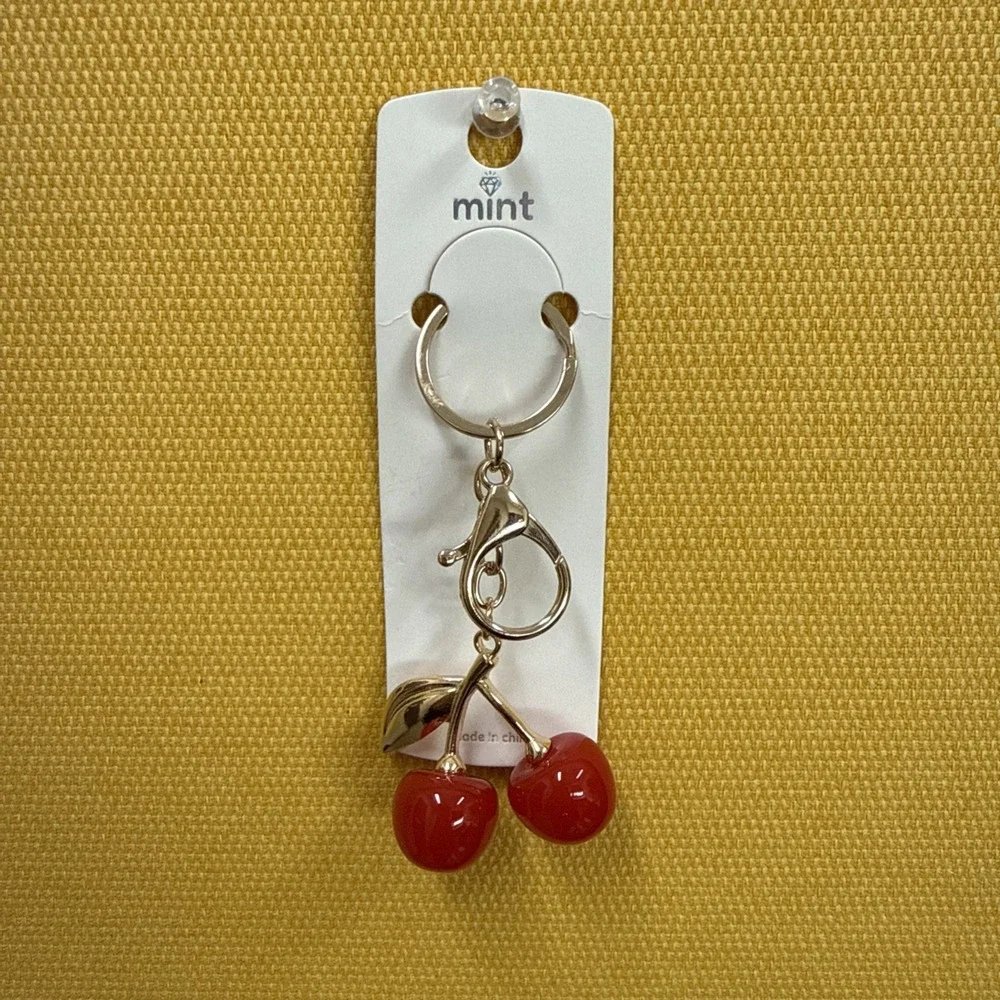Mint-Cherry Keychain Charm Red Gold Tone w/ Gold Tone Leaf NWT Purse Bag Charm